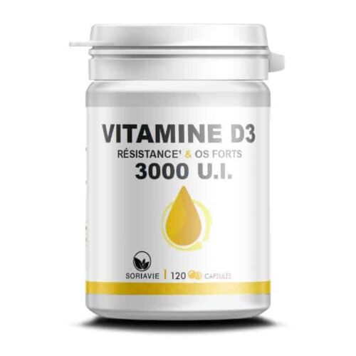 Boîte de vitamine D3 3000 UI. Contenance : 120 capsules.